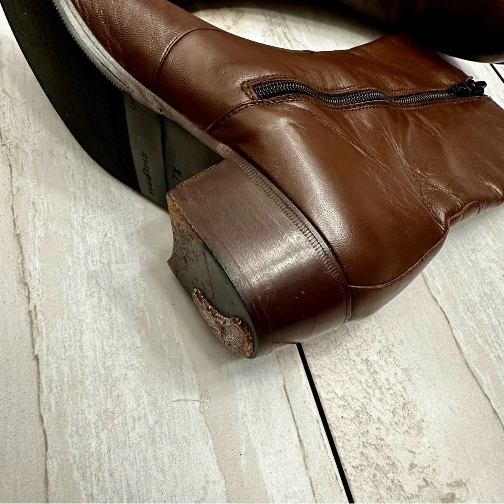Men Classic Warm Brown Leather Resoled Office Side Zip Dress Boots Stacked Heel